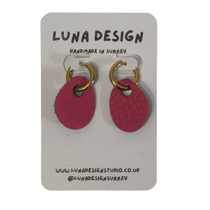 Pink Leather Drop Huggie Earrings | Gold Plated Hoop Earrings by Luna Design
