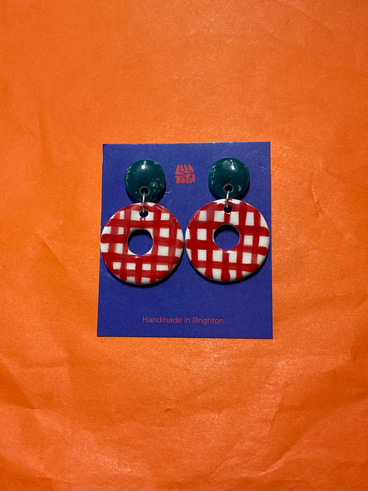 Red Check Circular Drop Earrings by Lili Toth