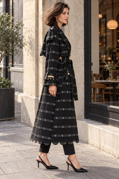 Vera Red Kente Long Trench Coat with Rhinestones and Batik Lining by Nyny Ryke
