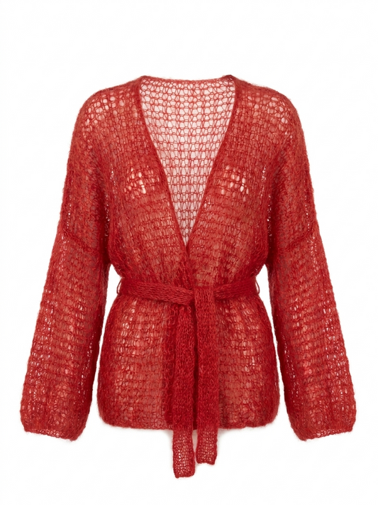 A red open-knit cardigan sweater with long sleeves and a matching tie belt, shown against a plain white background.