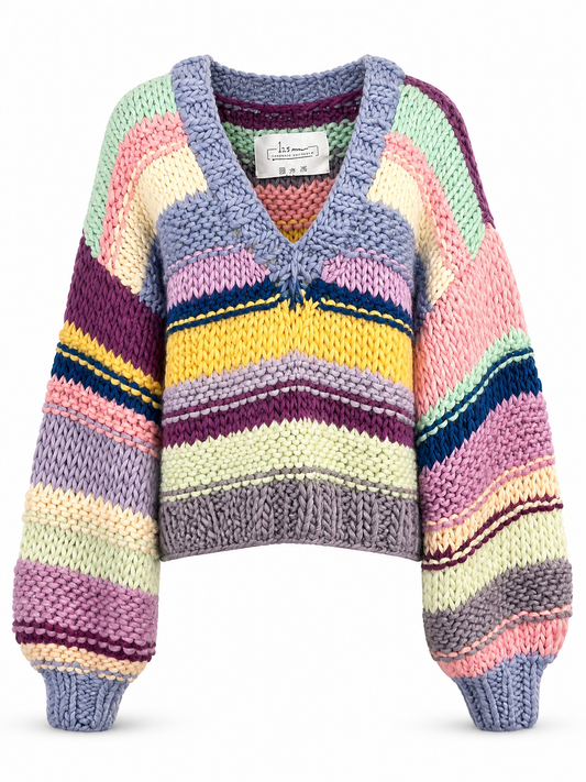 A multicolor striped knit sweater with a V-neck, long sleeves, and ribbed cuffs and hem, shown against a plain white background.