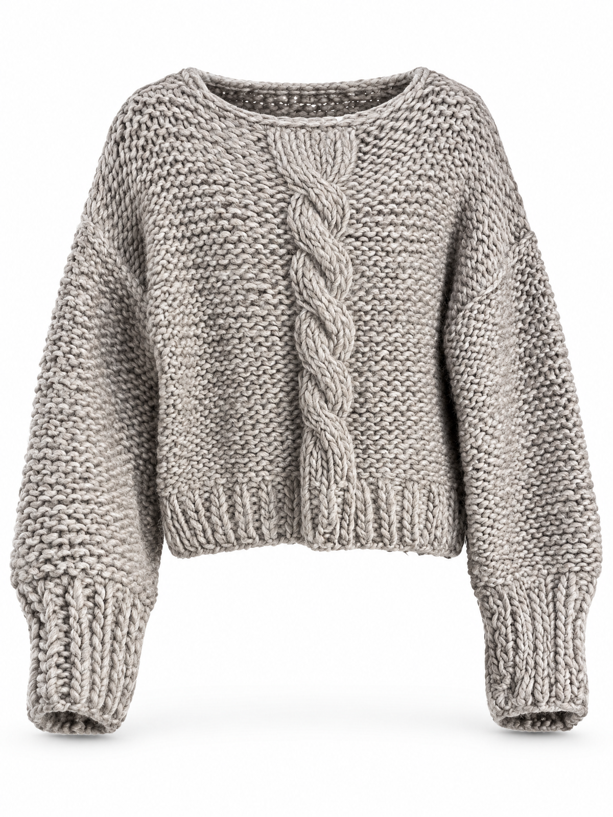 A chunky knit crewneck sweater in a heathered light gray color, featuring a central cable-knit detail down the front and ribbed cuffs and hem.