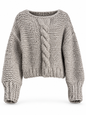 A chunky knit crewneck sweater in a heathered light gray color, featuring a central cable-knit detail down the front and ribbed cuffs and hem.
