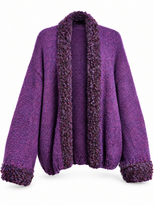 Chunky Wool Blend Shawl Collar Cardigan - Purple Marl