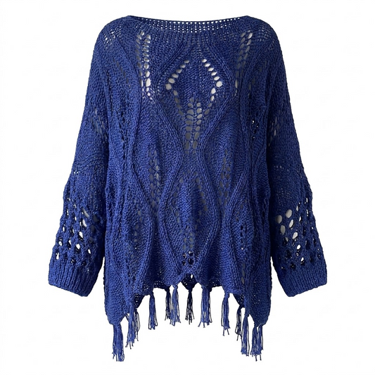 A blue open-knit cropped sweater with long sleeves, fringed hem, and a diamond cable-knit pattern on the front, shown against a plain white background.