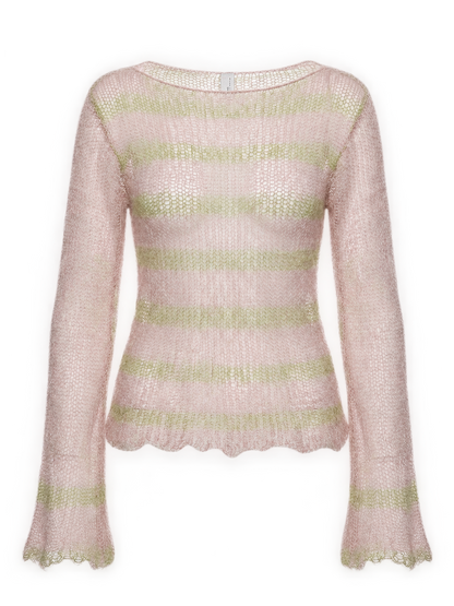 A light pink knit long-sleeve top with horizontal sage green stripes and a scalloped hem and cuffs, shown on a plain white background.