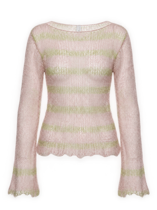 A light pink knit long-sleeve top with horizontal sage green stripes and a scalloped hem and cuffs, shown on a plain white background.