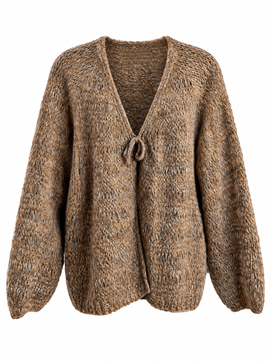 A brown and beige marled knit cardigan sweater with a V-neckline and a small front tie detail, shown against a plain white background.