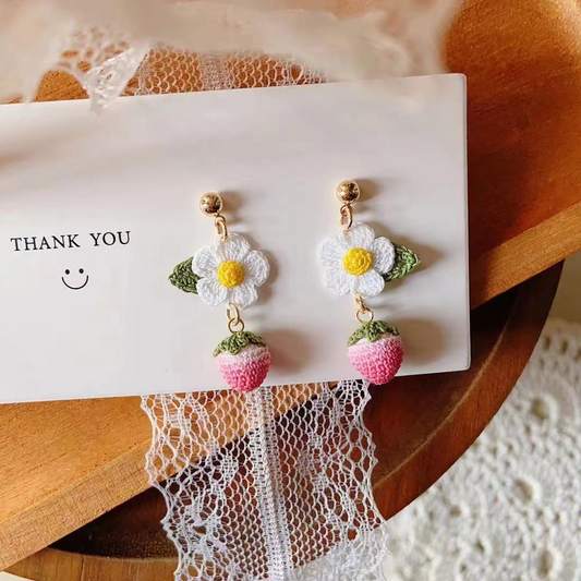 Pink Strawberry Micro Crotchet earrings by Miss Peachy