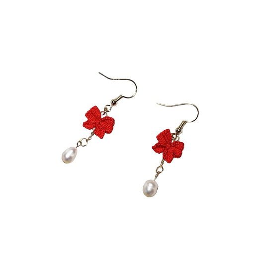 Red Bow Tie Micro Crotchet earrings by Miss Peachy
