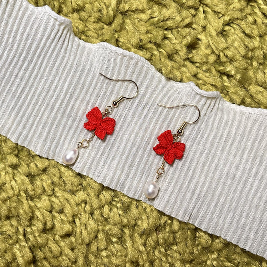 Red Bow Tie Micro Crotchet earrings by Miss Peachy