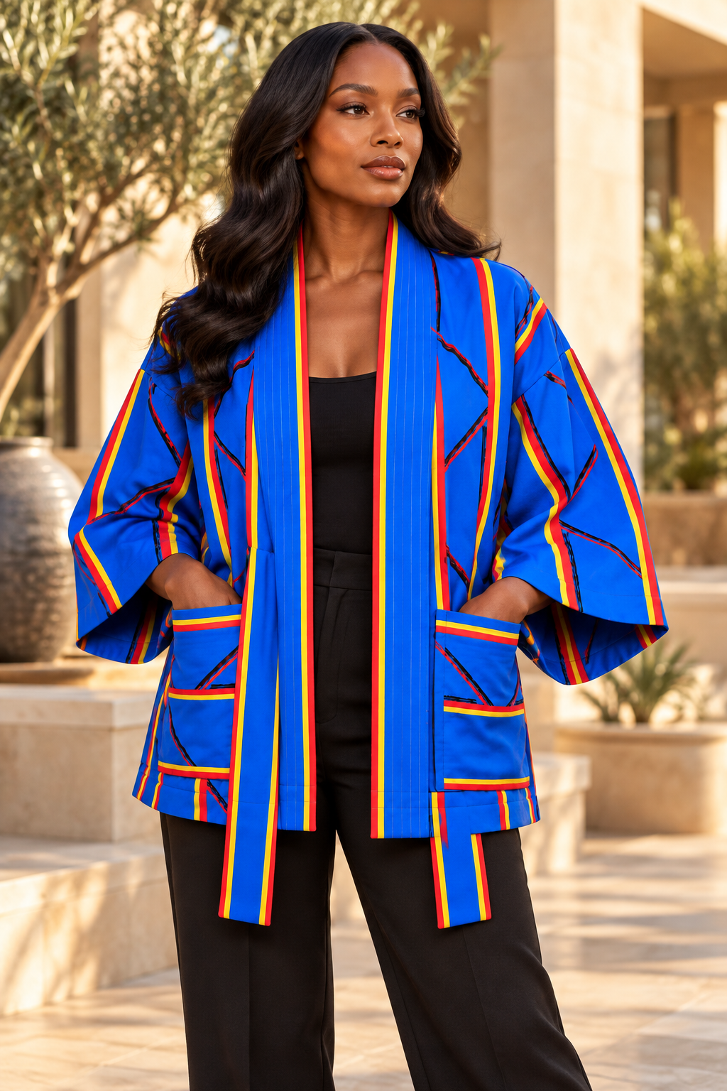 River Blue Handwoven Kente Kimono with Batik Lining by Nyny Ryke