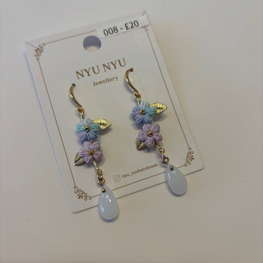 Micro Crochet Flower Earrings With Leaf And Drop Purple Blue by NYU