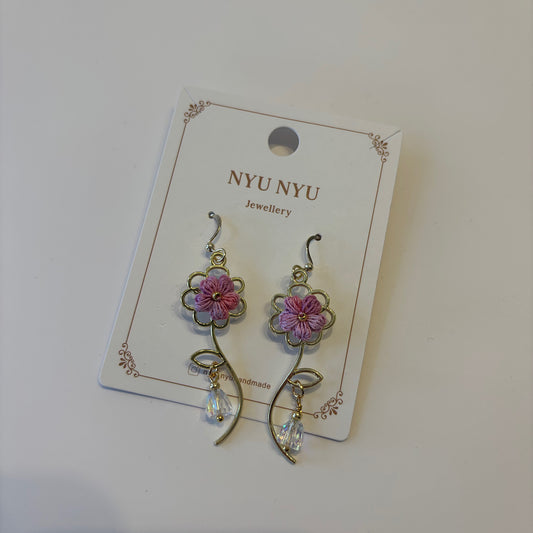 Micro Crochet Pink Flower Earrings With Flower Stem And Bead by NYU