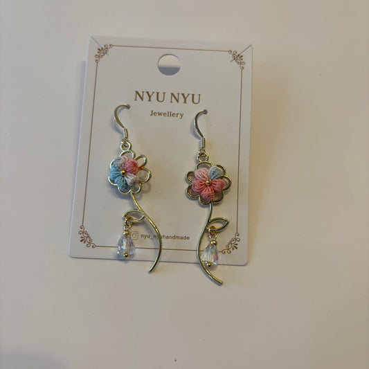 Micro Crochet Pink And Blue Flower Earrings With Stem And Bead by NYU