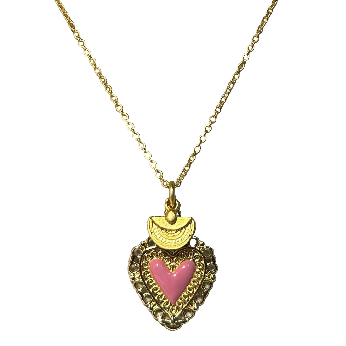 Gold necklace with a heart-shaped pink pendant on a gray background