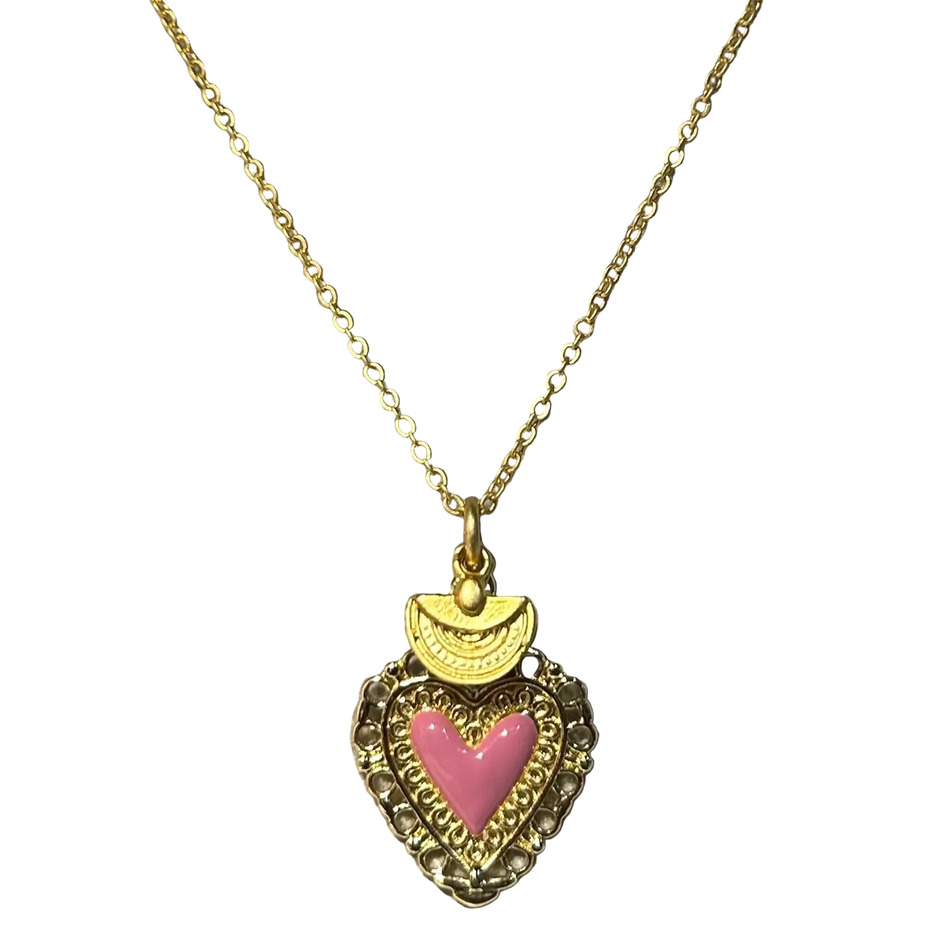 Gold necklace with a heart-shaped pink pendant on a gray background