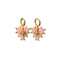 Heart-shaped earrings with pink centers and gold accents on a dark stone surface