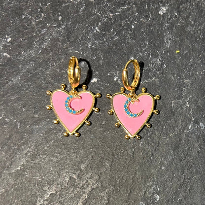 Pink Heart & Crescent Earrings Reworked Vintage by Pom di Pom