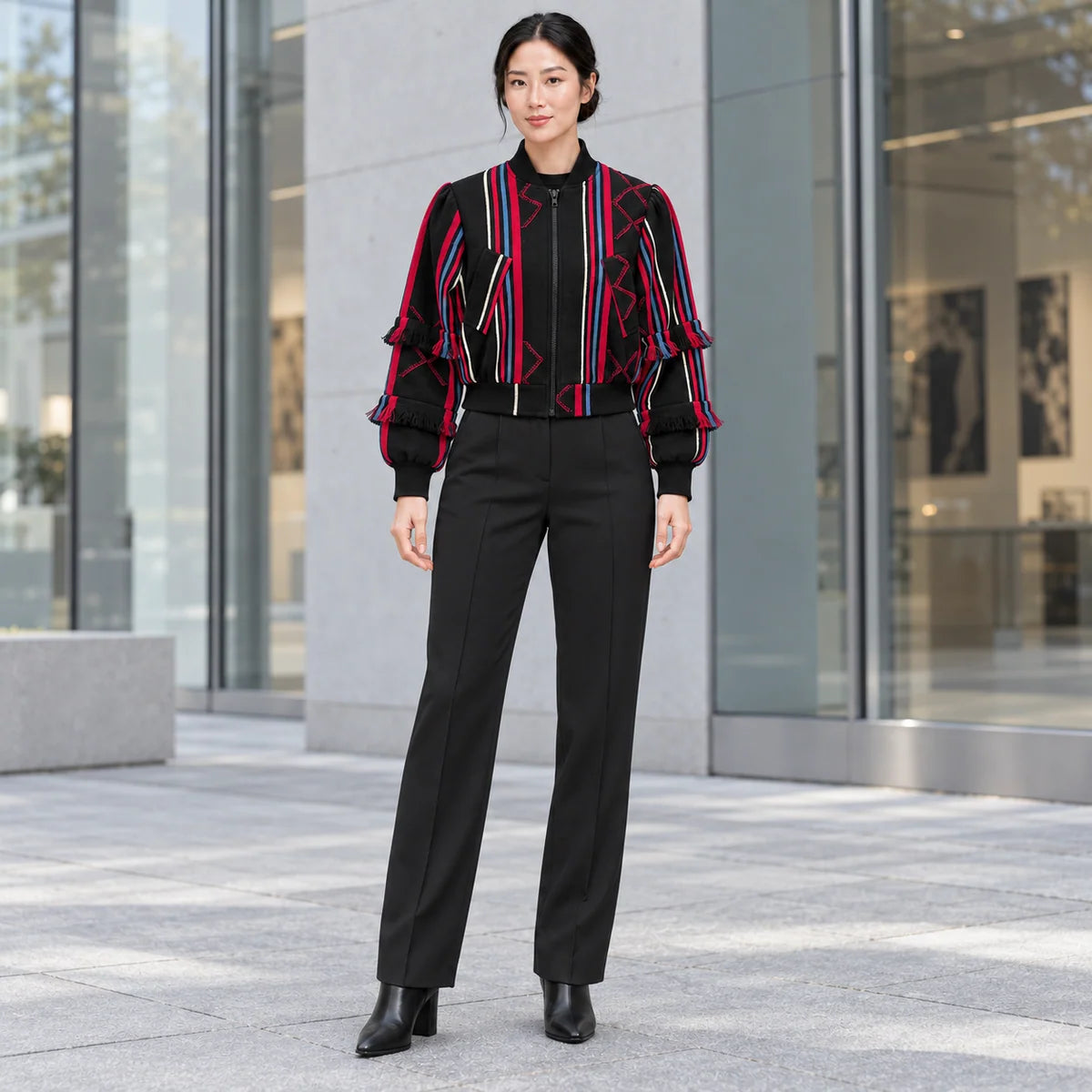 Speranza Black and Red Striped Unisex Handwoven Bomber Jacket by Nyny Ryke