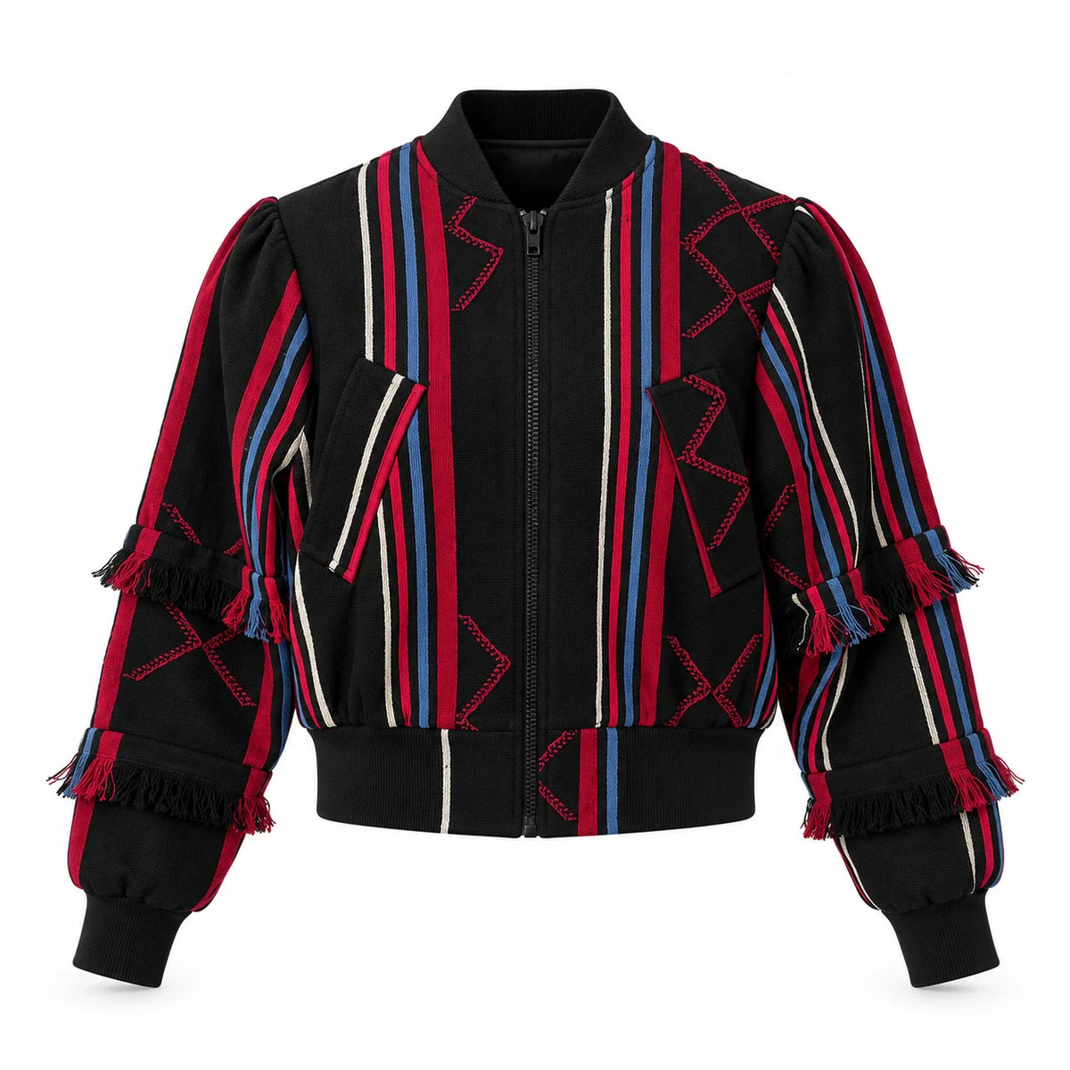 Speranza Black and Red Striped Unisex Handwoven Bomber Jacket by Nyny Ryke