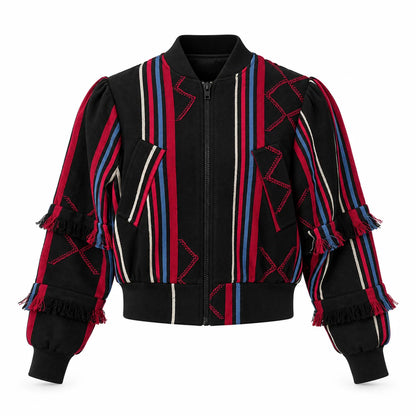 Speranza Black and Red Striped Unisex Handwoven Bomber Jacket by Nyny Ryke