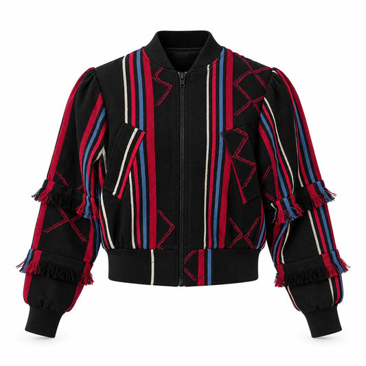 Speranza Black and Red Striped Unisex Handwoven Bomber Jacket by Nyny Ryke