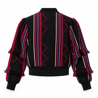 Speranza Black and Red Striped Unisex Handwoven Bomber Jacket by Nyny Ryke