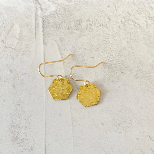 Hammered Hexigon Raw Brass Earrings - by Stuff Made From Things