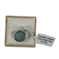 A silver-toned ring with a round green seaglass stone, presented in a light wood and cream velvet box with a paper tag that reads 'Seaglass ohilaki from Japan Size S ¥105'.