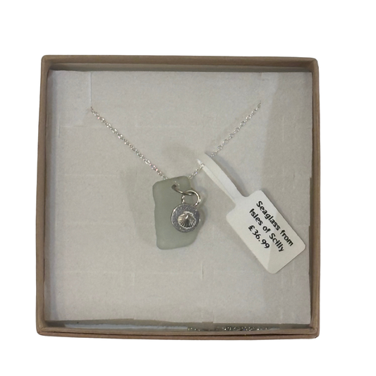 A frosted piece of white glass with collected from Isles of Scilly, paired with a sterling silver shell hung on a sterling silver 18 inch belcher chain.
