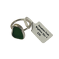A silver-toned ring with a dark green seaglass stone, shown with a white paper tag that reads 'Seaglass from Brighton Size T £80'.