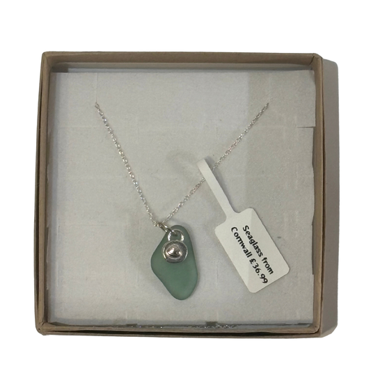A frosted piece of green glass with collected from Cornwall, paired with a sterling silver shell hung on a sterling silver 18 inch belcher chain.