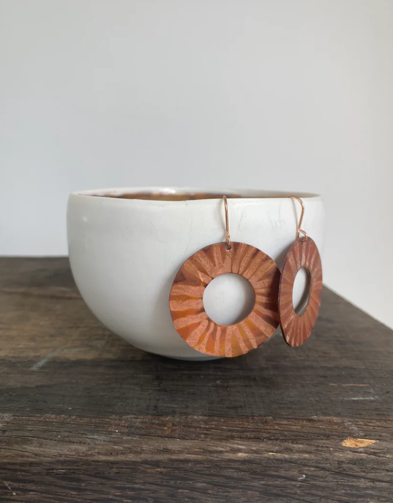 GOLOW heat coloured copper discs on rose gold plated earrings - by Stuff Made From Things