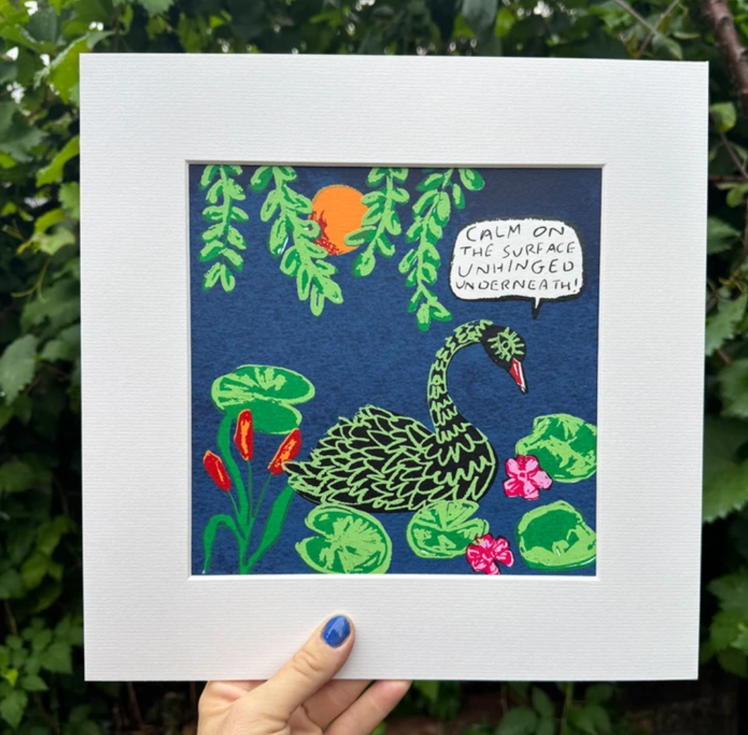 Swan Illustration Giclée Print in White Frame - Calm on the surface by The Laughing Lark