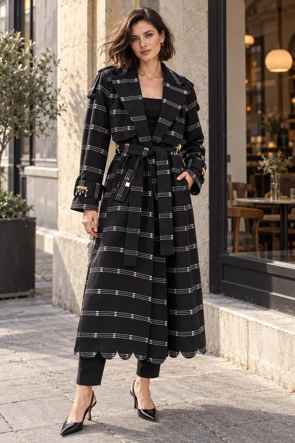 Vera Red Kente Long Trench Coat with Rhinestones and Batik Lining by Nyny Ryke
