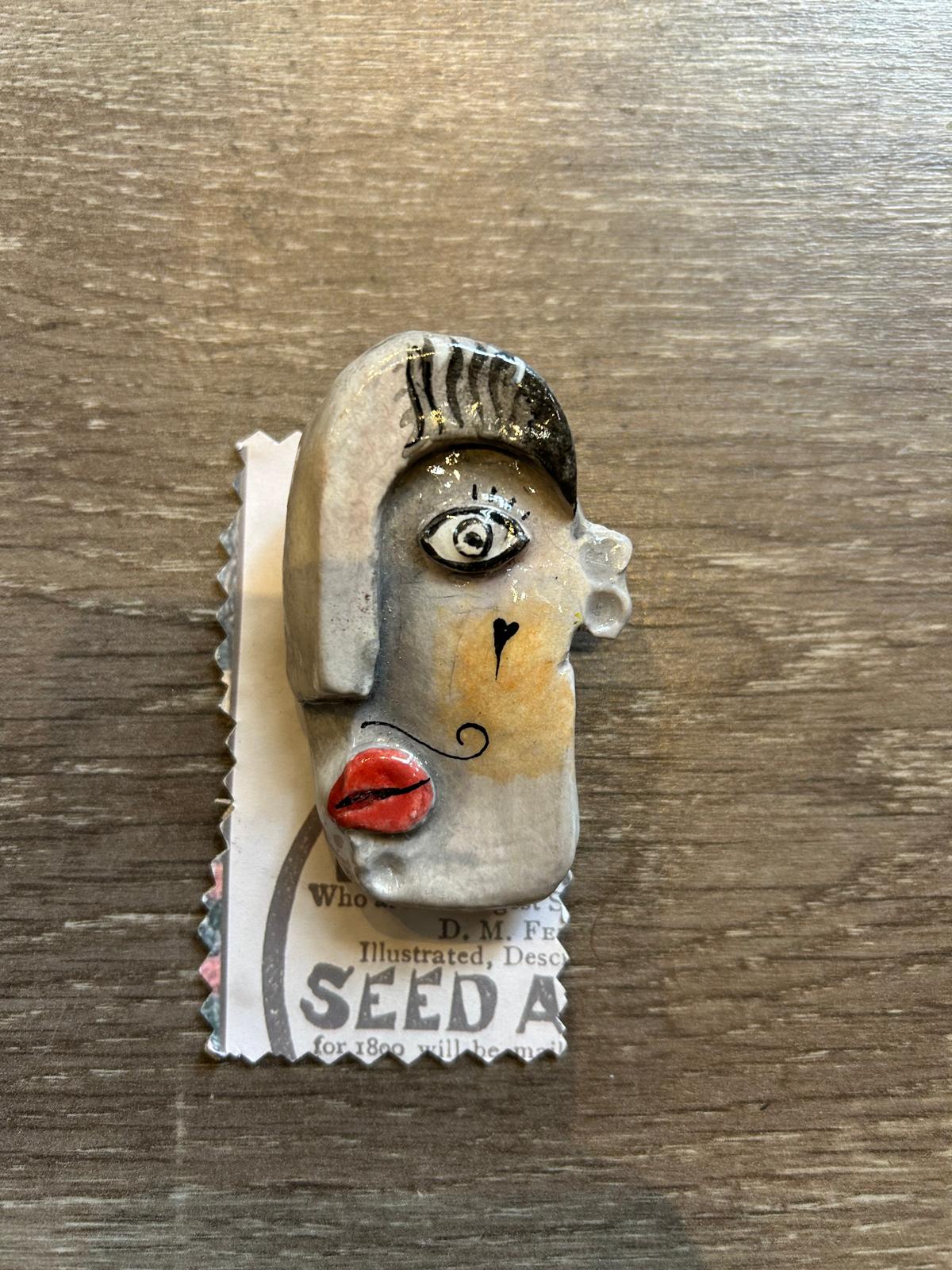 Ceramic Face Brooch heart by Jan Cooper