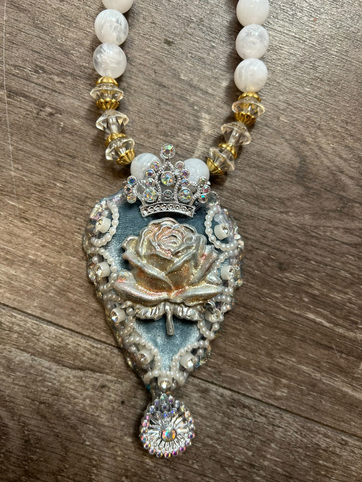 Sacred Blue Heart Faux Pearl Necklace by Jan Cooper