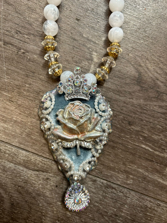 Sacred Blue Heart Faux Pearl Necklace by Jan Cooper
