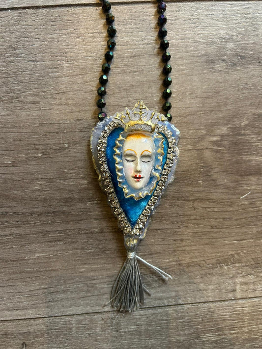 Sacred Blue Heart Faux Pearl Necklace by Jan Cooper