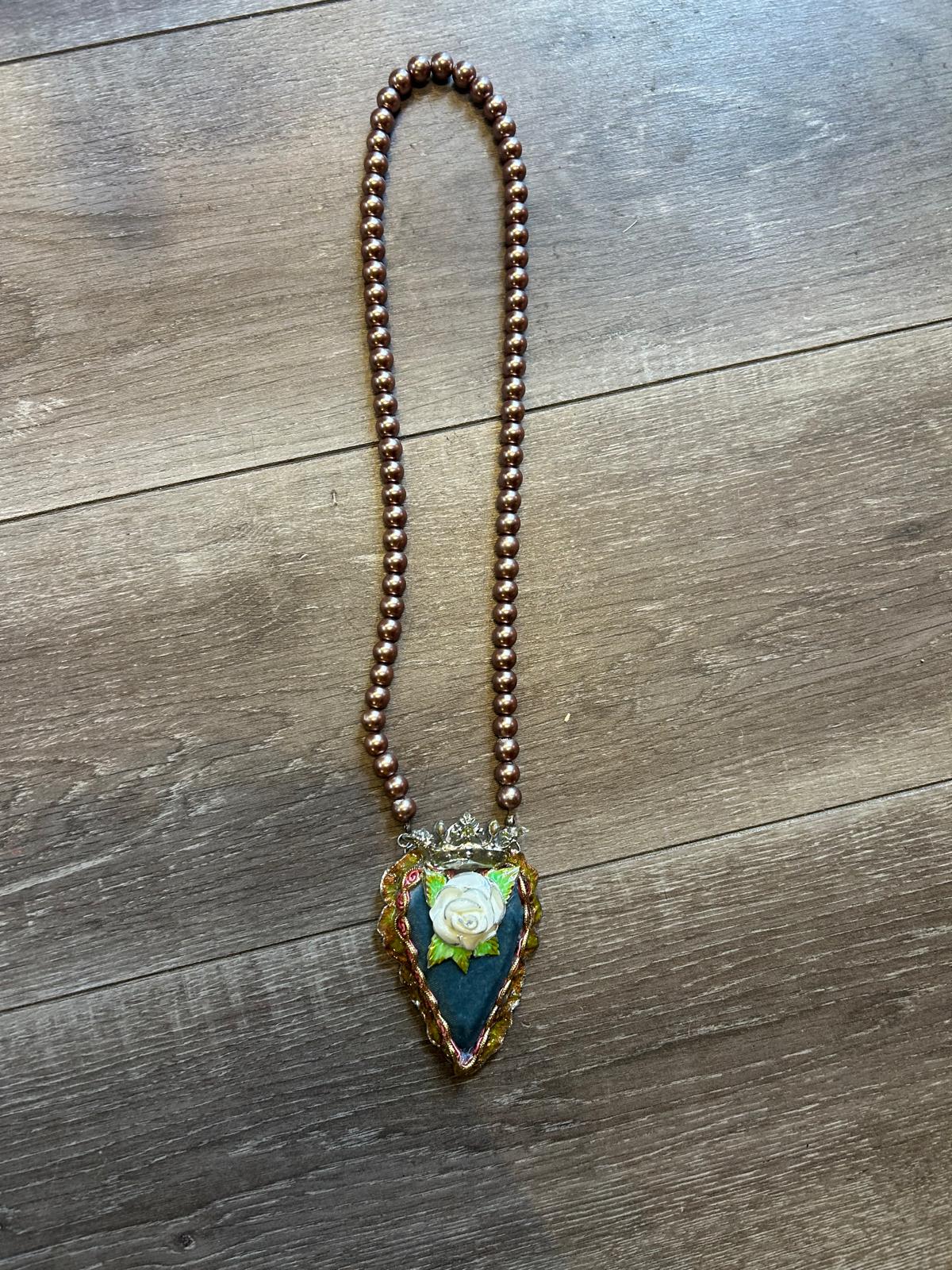 Sacred Blue Rose Heart Faux Pearl Necklace by Jan Cooper