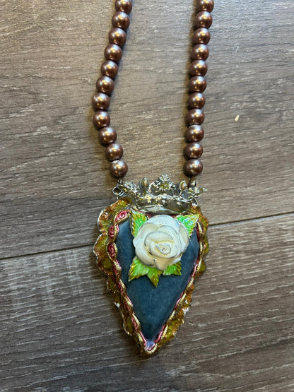 Sacred Blue Rose Heart Faux Pearl Necklace by Jan Cooper