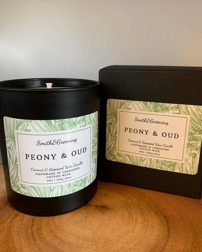 Peony & Oud Coconut Wax Candle. Hand poured, vegan and cruelty free!: Small Tin - by Smith & Greening