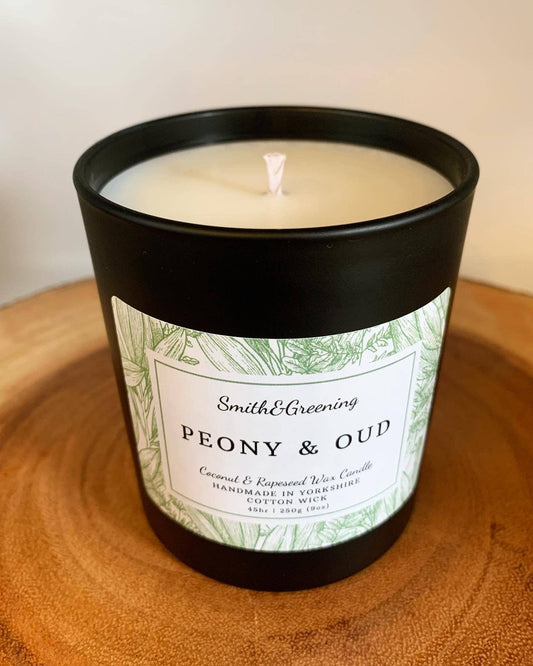 Peony & Oud Coconut Wax Candle. Hand poured, vegan and cruelty free!: Small Tin - by Smith & Greening