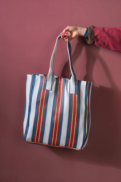 Daisy Snow - Red & Blue Striped Recycled Tote Bag