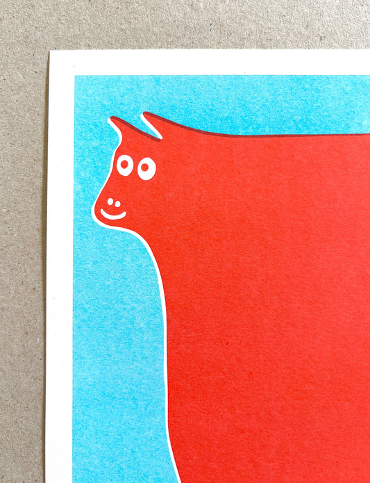 Cow Art Print in Red and Light Blue Ink - by Strangford