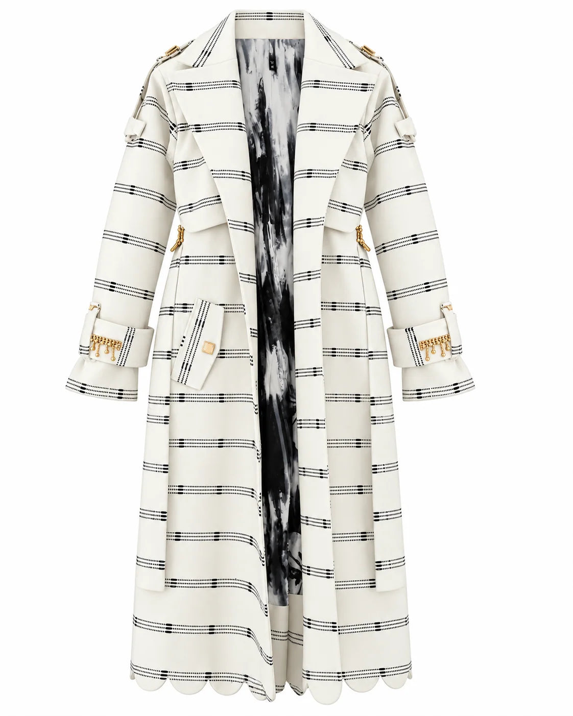 Vera White Kente Long Trench Coat with Rhinestones and Batik Lining by Nyny Ryke